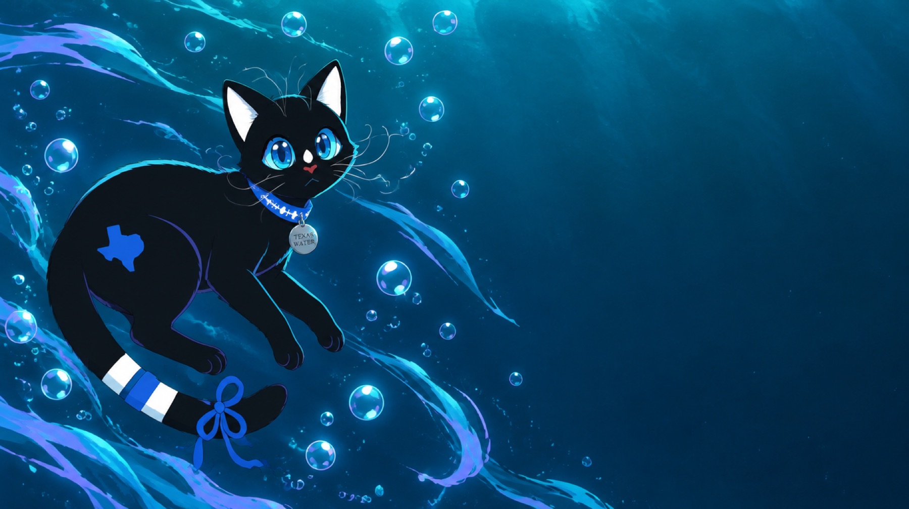 A black cat with aqua eyes and a blue Texas marking on her hip, drifting in deep water and looking at you