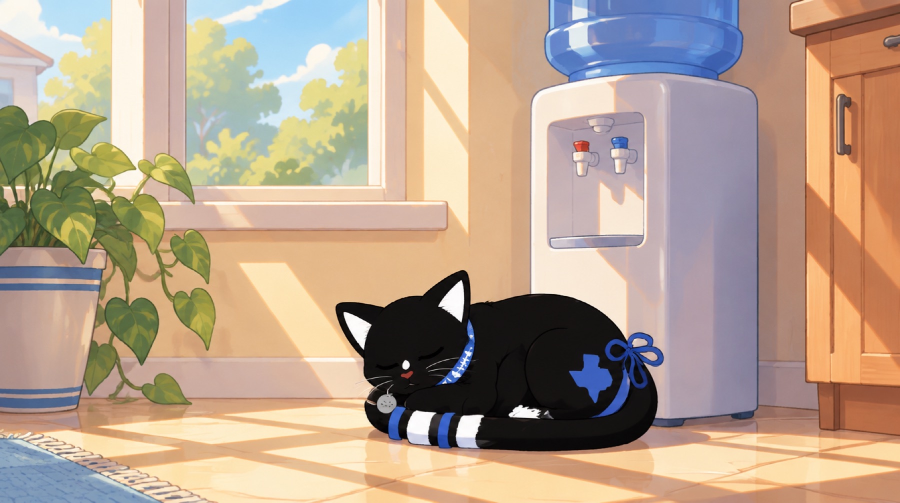 The cat asleep on a sunny kitchen floor beside a water cooler