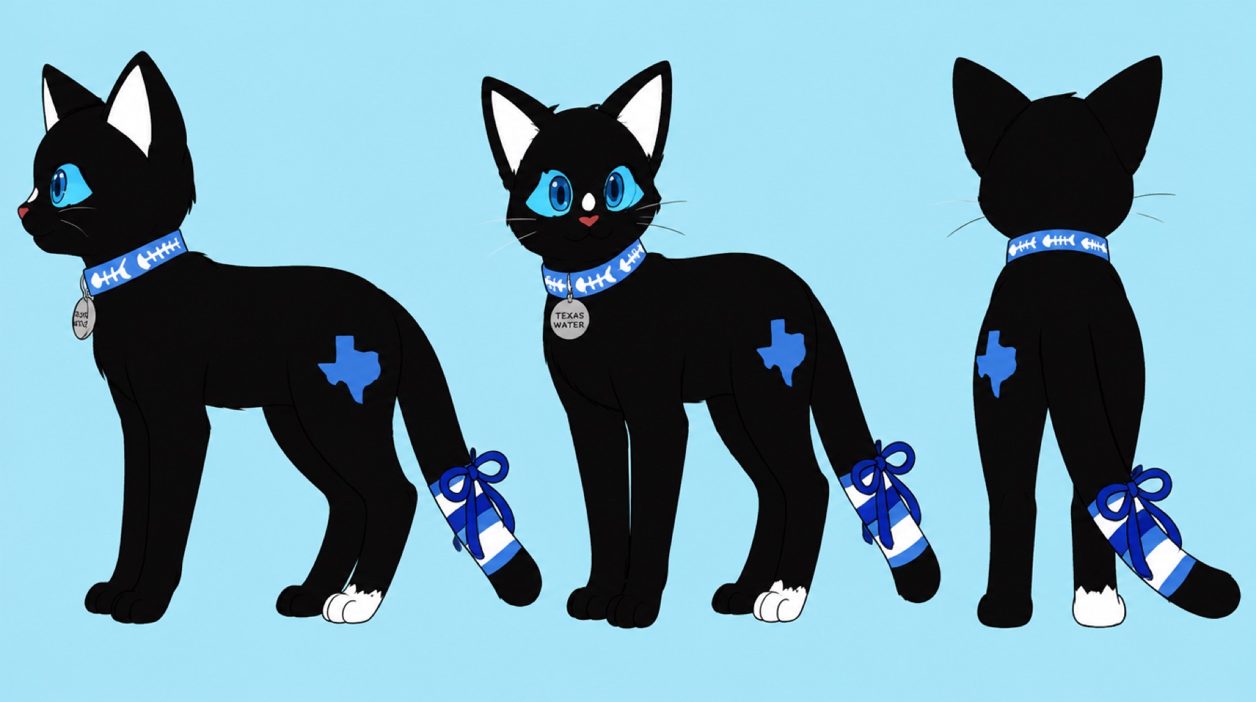 Three views of the cat: side, three-quarter front, and back